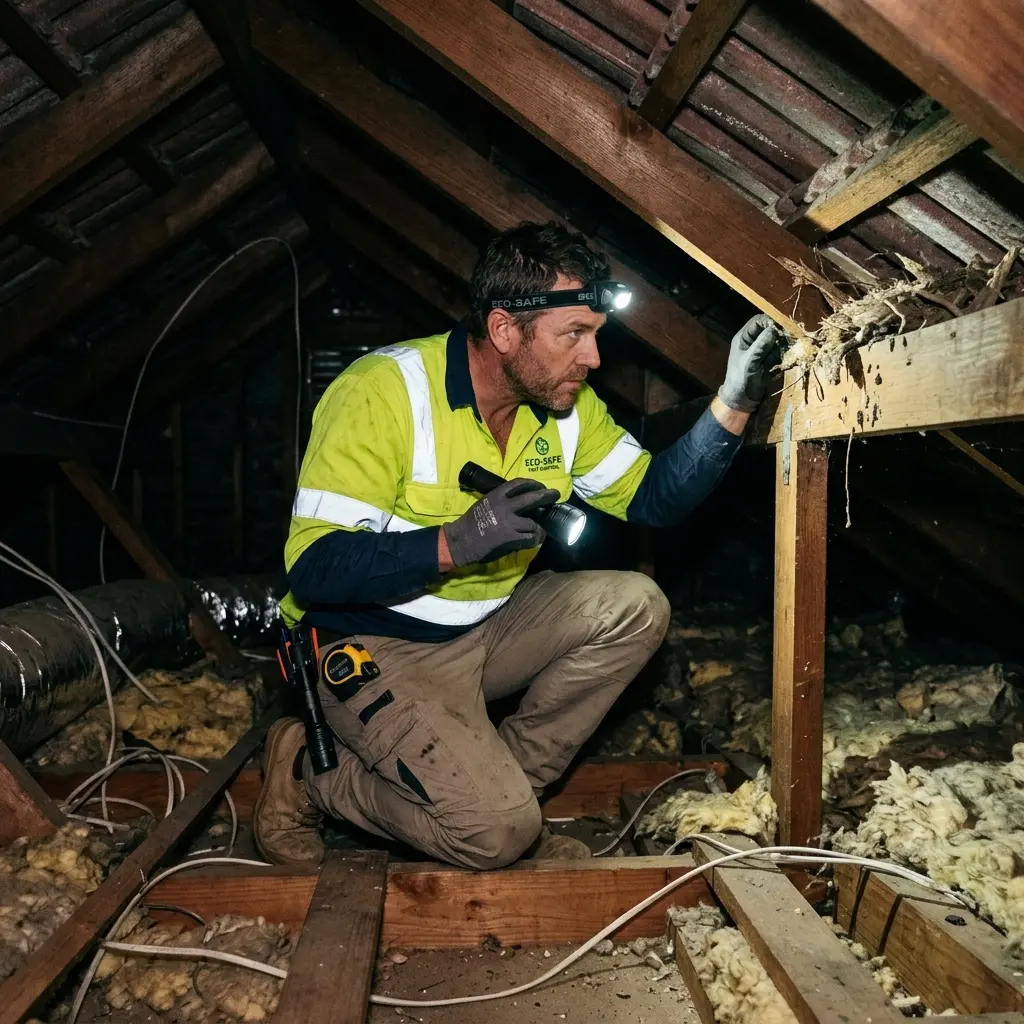 Technician inspecting a roof cavity for a dead animal in Elwood