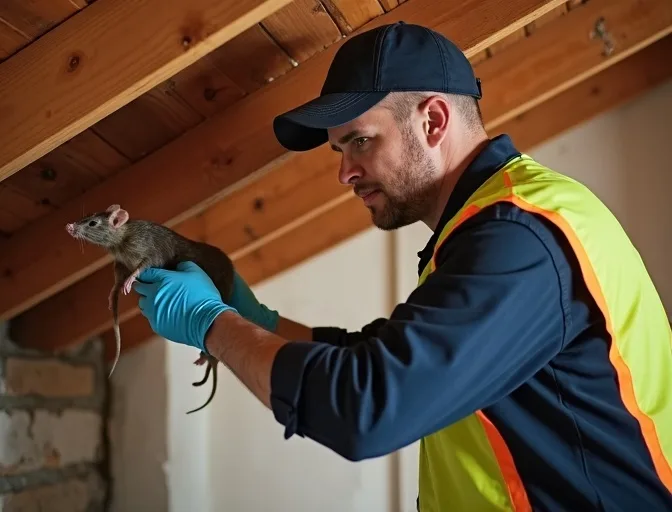 Technician inspecting a roof cavity for a dead rat in Elwood